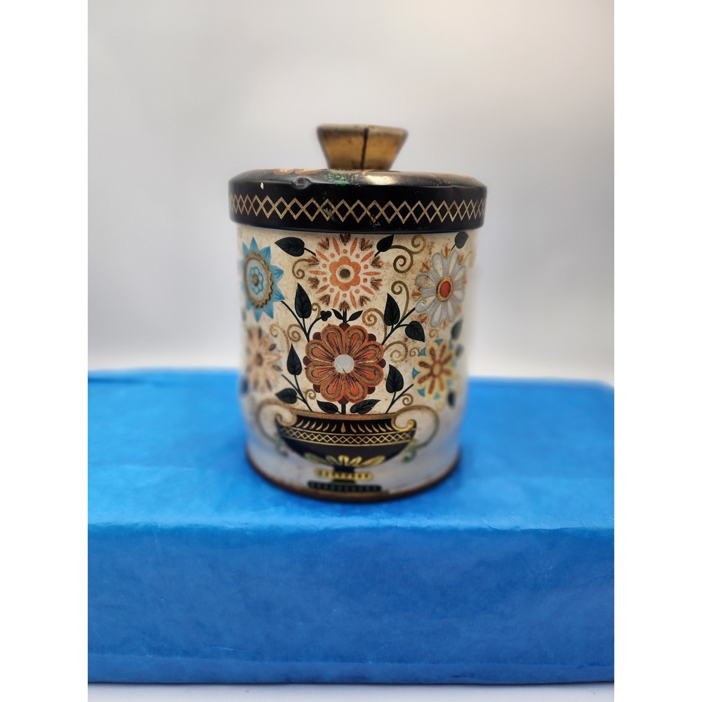 Vintage Murray Allen Floral Tin Made in England Candy Container Gold Black